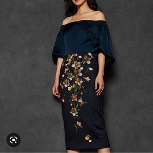 Ted Baker midnight blue floral midi off the shoulder dress